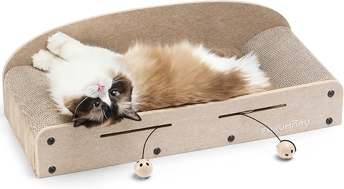 FUKUMARU 26 Inch Cat Scratcher Cardboard Lounge Bed, 2 Reversible Cat Scratch Pads Refill for Indoor Cats, Durable Cats Scratching Boards Extra Large Lounger Bed Sofa Couch with Ball Toy, Beige