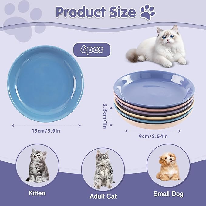 6 Pack Ceramic Cat Bowls, Cat Food Bowl, Anti Whisker Fatigue Cats Bowl Set, 6 Inches Shallow Wide Kitten Plates for Food and Water，Durable Wheat Straw Cats Bowls