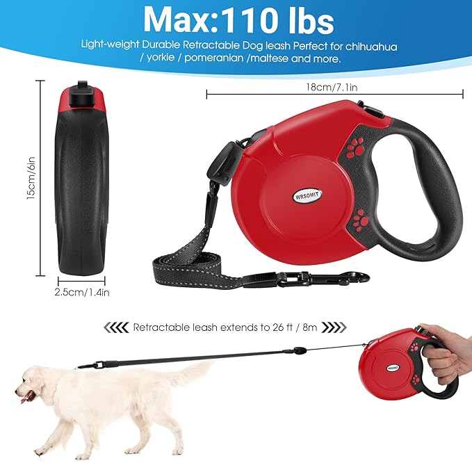 Retractable Dog Leash, 26 Ft Heavy Duty Pet Walking Leash for Small Medium Large Dogs up to 99lbs, Anti-Slip Handle, 360 ° No Tangle, Nylon Tape, One-Handed Brake (Red)