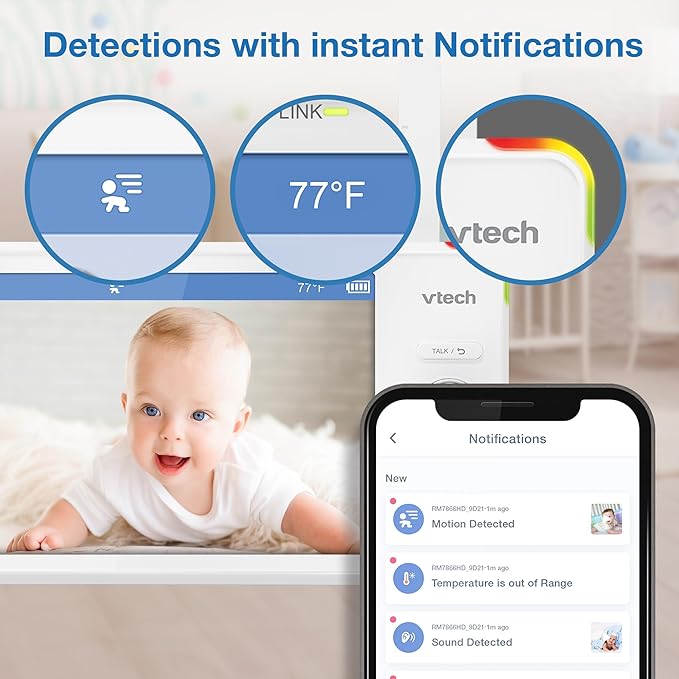 VTech Smart WiFi 7” HD Display Video Baby Monitor, 1080p HD Camera via App, Pan-Tilt-Zoom, Night Light, 2-Way Talk, 2K CMOS Video Sensor, Wide-Angle Viewing, Rechargeable Battery, Free App: RM7866HD