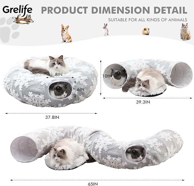 Grelife Cat Tunnel Bed for Indoor Cats, Large Cat Tunnel Christmas Tree Skirt, Cat Donut Tunnel Toys with Warm Plush, Non-Slip Base, Removable Cushion, Perfect for Cats, Kittens, Small Pets(33.4")