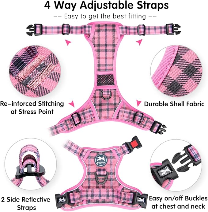 PoyPet No Pull Dog Harness, [Release at Neck] Reflective Adjustable No Choke Pet Vest with Front & Back 2 Leash Attachments, Soft Control Training Handle for Large Dogs(Checkered Pink,XL)