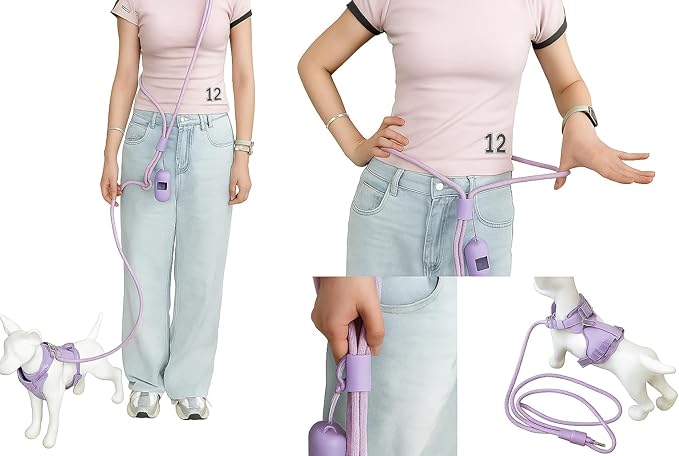 Cheech&Co Hands Free Dog Leash with Poop Bag Holder - for Walking, Hiking, Jogging & Running Small/Medium/Large Dogs (Adjustable 4.3–8.6 ft Light Purple)