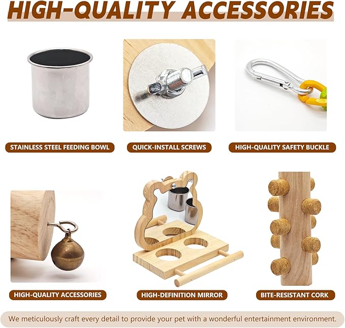 5PCS Bird Perch and Toy Set. Includes a Perch, Feeder, Swing, and Chew Toy. Hangable Natural Solid Wood Birdcage Accessories, Suitable for Small Budgies, Cockatiels, Conures, Lovebirds, Etc.