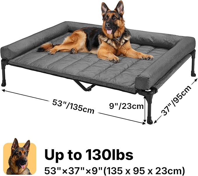Veehoo Cooling Elevated Dog Bed Add Removable Waterproof Bolster Cushion Mat, Raised Pet Cot with Breathable Teslin Mesh, No-Slip Feet, Dog Couch Bed for Indoor Outdoor, 53 inches, Black Silver