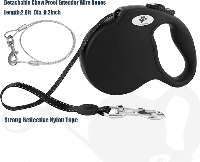 16ft Retractable Dog Leash for Large Breed Dogs up to 110 lbs with a Detachable Chew Proof Extender Wire Ropes (Black L)