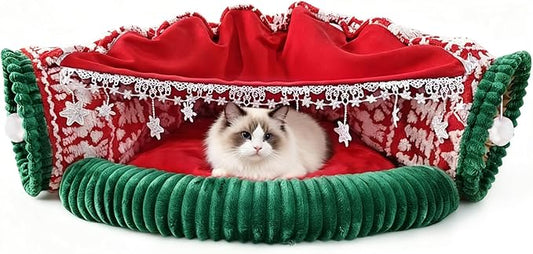 Christmas Cat Tunnel Bed, 2-in-1 Cat Tunnel for Indoor Cats, Soft Washable Covered Pet Cave Bed, Play Tube Pet Toys for Cats, Rabbits, and Small Animals