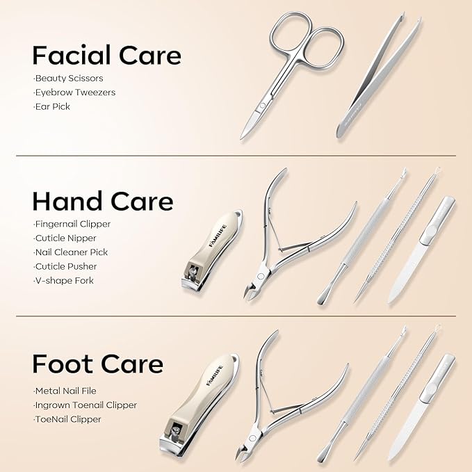 FAMILIFE Manicure Set, Nail Clippers Pedicure Tool, 8 pcs Stainless Steel Manicure Kit Professional Grooming Tool, Nail Kit with Portable Brown Leather Travel Case Luxury Gifts for Men