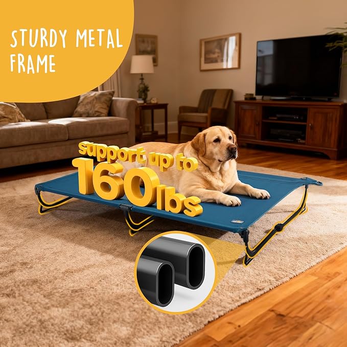 Folding Raised Dog Bed, Large Outdoor Elevated Dog Cot, Cooling Chew Proof Pet Cots Bed, Portable, Heavy Duty Up to 160 lbs, Pet Cot for Camping, Home, Dark Blue, 49"x33"x7"
