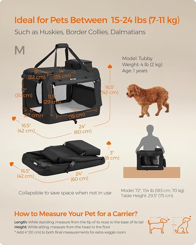 Feandrea 24 Inches Collapsible Soft Dog Crate, Portable Travel Dog Crate for Indoor and Outdoor Use, Dog Carrier Kennel with Safety Zippers, for Living Room, Car, Travelling, Camping, Black UPDC60H