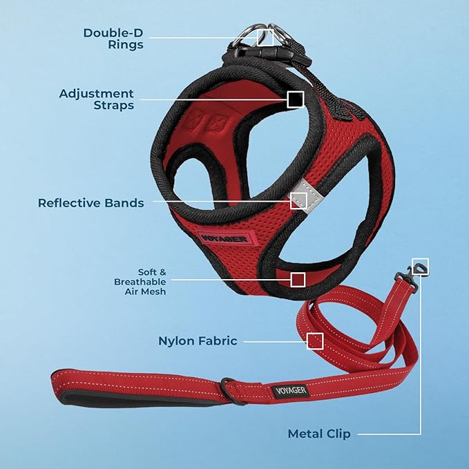 Voyager Step-in Air All Weather Mesh Harness and Reflective Dog 5 ft Leash Combo with Neoprene Handle, for Small, Medium and Large Breed Puppies by Best Pet Supplies - Red/Black Trim, Large