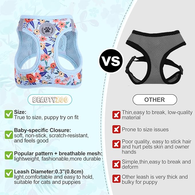 BEAUTYZOO Step in Dog Harness and Leash Set, Floral Pattern Reflective No Pull No Choke Puppy Harness for Small Medium Large Dogs Cats, Soft Padded Mesh Vest Harnesses for Girl and Boy Pets