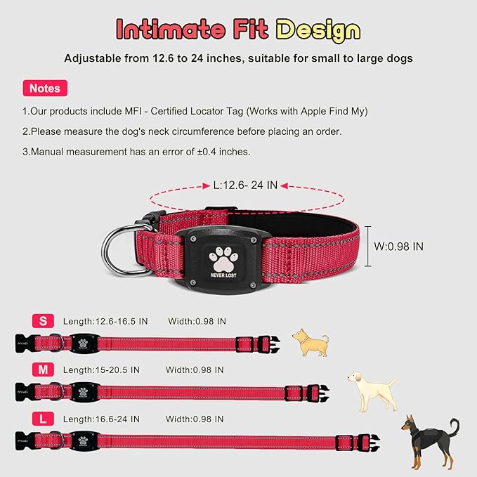 GPS Dog Collar Tracker 2-in-1,Reflective Waterproof Pet Collar,iOS-Only,No Monthly Fees,Unlimited Range,Ideal for Dog Tracking pet Tracker,for Small Medium Large Dogs(S (12.6"-16.5"), Red)