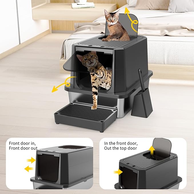 RIZZARI Enclosed Cat Litter Box: All Black Stainless Steel Odorless Cat Box - Top-Entry Design - Large Capacity Leak Proof Litter Pan for Cats - Teflon Non-Stick Coating - for Living Room Bedroom