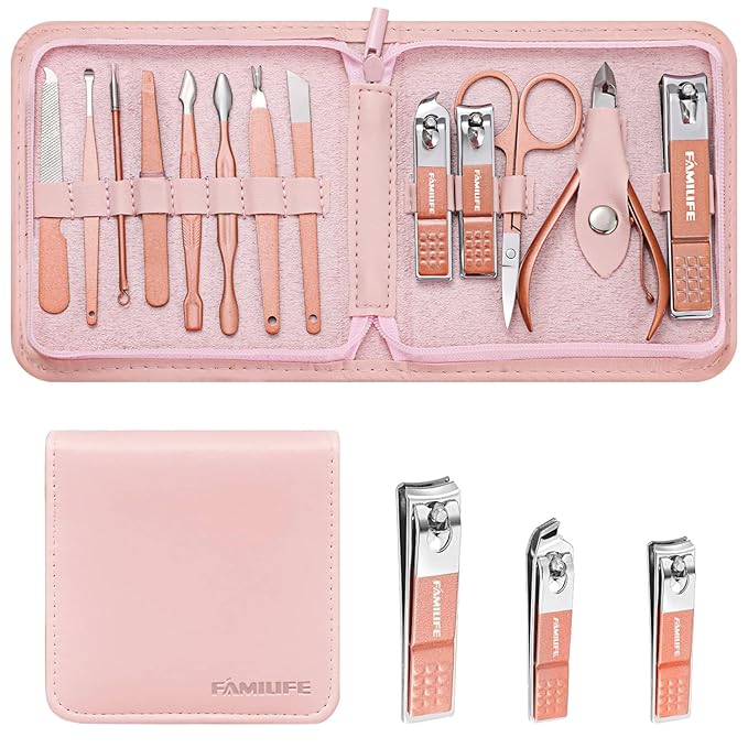 FAMILIFE Manicure Set, Professional Nail Kit Stainless Steel Nail Clipper Set, 13PCS Beauty Tools Manicure Kit Pedicure Tools, with Portable Pink Leather Travel Case for Her