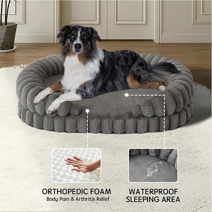 BALANCE Calming Dog Bed for Large Sized Dogs, 36 Inches Oval Washable Pet Bed with Sides, Orthopedic Pet Couch Sofa with Non-Slip Bottom, Gray
