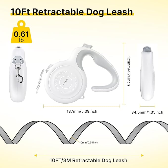 10Ft Auto-Brake Retractable Dog Leash for Small Medium Dogs Light Weight 360° Tangle-Free Strong Nylon Tape and Ergonomic Anti-Slip Soft Handle One-Handed Brake