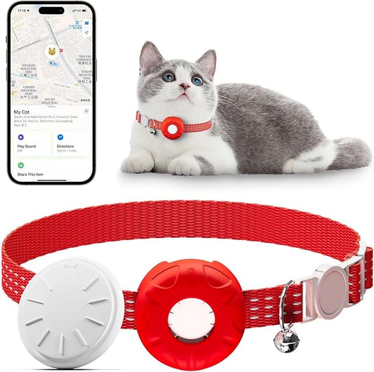 Cat Tracker,Pet Tracker for Cats Compatible with Apple Find My App(Only iOS),Waterproof Tracker Cat Collar with Safety Elastic Buckle,No Monthly Fee,Works with Any Collar (Red)
