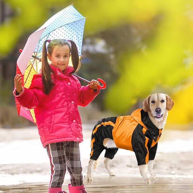 Dog Raincoat - Waterproof, Lightweight Jacket for Large Dogs - Adjustable 4 Legs Pet Poncho With Hood, Snow-Proof Vest, Leash Hole