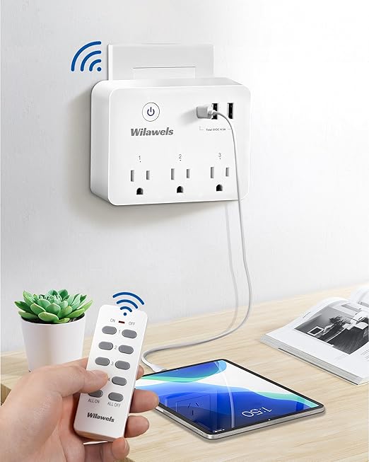 Remote Control Outlet, Multi-Plug Outlet with 3 Outlets and 3 USB Ports, No Interference Remote Outlet, Wireless Light Switch, 100FT RF Range, Programmable and Expandable, FCC Listed W03RC06