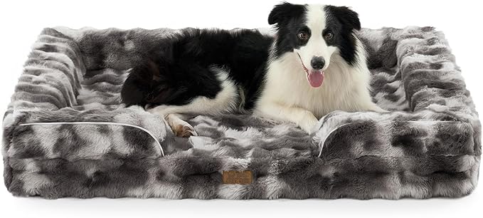 Orthopedic Dog Bed for Extra Large Dog, Soft and Warm Faux Fur Sofa for Giant Pet Up to 150 lbs, Foam Bolster Anti-Slip Couch with Washable Removable Cover, XXL 48x35x8 inch, Tie Dye Grey