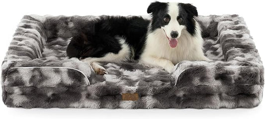 Orthopedic Dog Bed for Extra Large Dog, Soft and Warm Faux Fur Sofa for Giant Pet Up to 150 lbs, Foam Bolster Anti-Slip Couch with Washable Removable Cover, XXL 48x35x8 inch, Tie Dye Grey