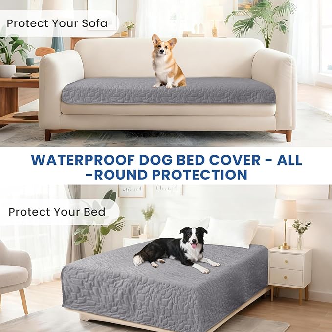 Waterproof Dog Blanket, Non-Slip Soft Pet Bed Cover, Couch Cover for Dogs Washable, Protects Sofa, Furniture, Crate, Car, Tear Resistant Leakproof Pet Blanket (82x82 Inch, Light Grey)