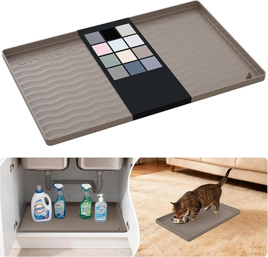 URMONA Waterproof Silicone Under Sink Mat 19'' x 12'' Shelf Liner for Kitchen and Bathroom, Cabinet and Counter Protector, Storage and Organizers, Litter Mat, Pet Cat Puppy Essentials(Beige)