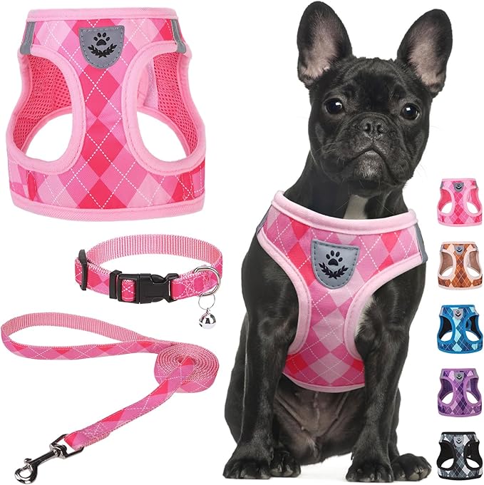 SCENEREAL Small Dog Harness and Leash Collar Set, Step in No Pull Soft Mesh Dog Harnesses for Small Medium Sized Dogs Puppy and Cats Outdoor Walking, No Chock Reflective Vest Harness, Pink Plaid M