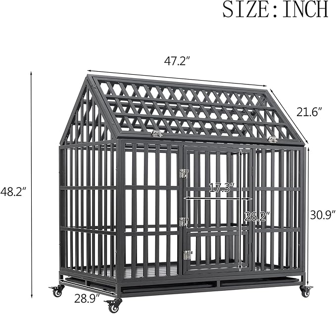 52/48/44 Inch Heavy Duty Dog Crate Indestructible and Escape-Proof Dog Cage Kennel for Large Medium Dogs Extra Large XL XXL with Lockable Wheels Removable Tray Double Door Black