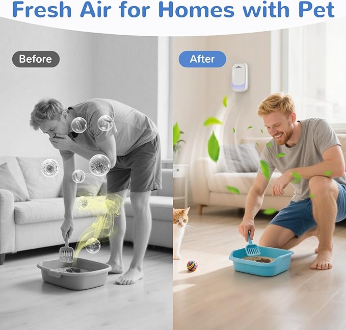 Cat Litter Deodorizer – 99% Odor Eliminator for Strong Pet Odors, Plug In Negative Ion Air Purifier for Litter Box, Home, Kitchen, Bathroom, Ozone-Free & Quiet Portable (Unscented)