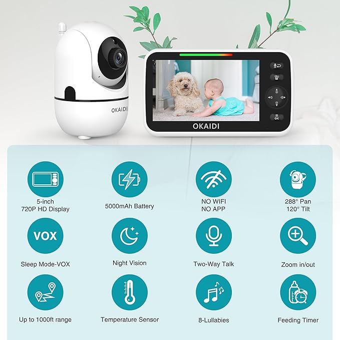 OKAIDI 720P HD Baby Monitor, 5 Inch Baby Monitor with Camera and Audio, 5000mAh Battery, Remote Pan-Tilt, 3X Zoom, 1000ft Baby Monitor NO WiFi, Night Vision, 2-Way Talk, Temperature, Lullabies