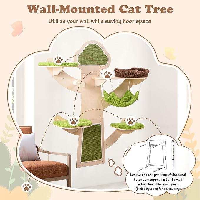 Tangkula Cat Wall Shelves, Wooden Wall Mounted Cat Tree with Hammock, Bed, Hole, Scratching Mats and Post, Green Removable & Washable Cushions, 5-Level Cat Climbing Steps