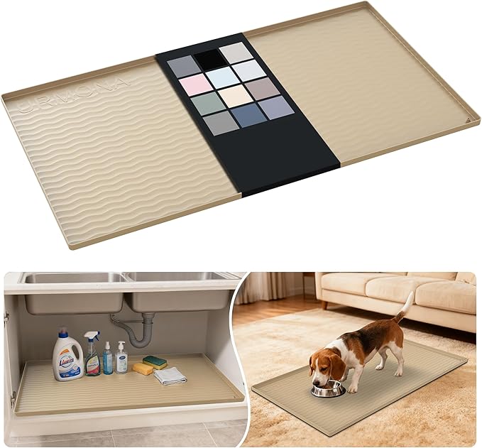 URMONA Waterproof Silicone Under Sink Mat 40'' x 22'' Shelf Liner for Kitchen and Bathroom, Cabinet and Counter Protector, Storage and Organizers, Litter Mat, Pet Cat Puppy Essentials(Khaki)