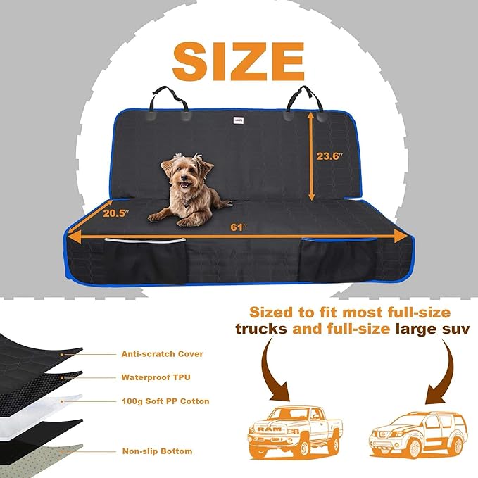 Back Seat Cover for Dogs, Washable Bench Seat Covers for Trucks,Nonslip Truck Seat Cover Protector for F150/Ram1500/GMC Sierra/Toyota/Chevrolet Silverado,Car Seat Covers for Dogs