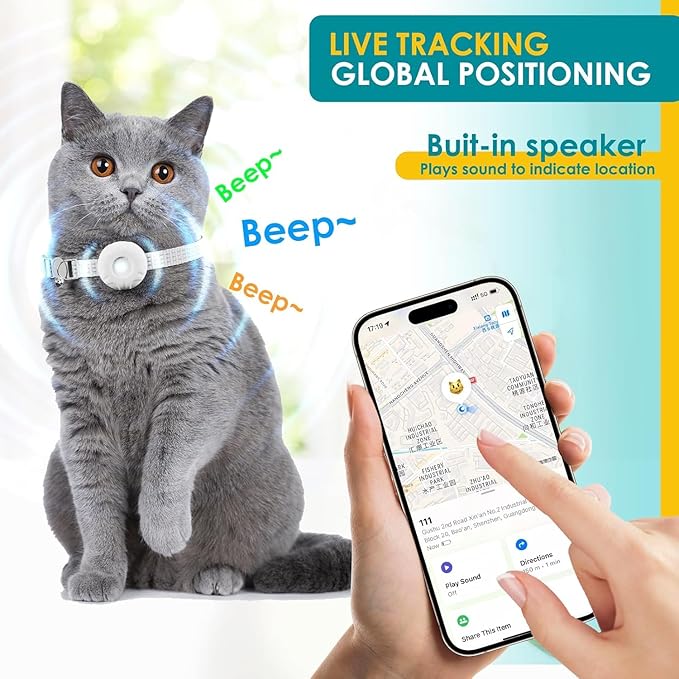 Cat Tracker,Pet Tracker for Cats Compatible with Apple Find My App(Only iOS),Waterproof Tracker Cat Collar with Safety Elastic Buckle,No Monthly Fee,Works with Any Collar (White)