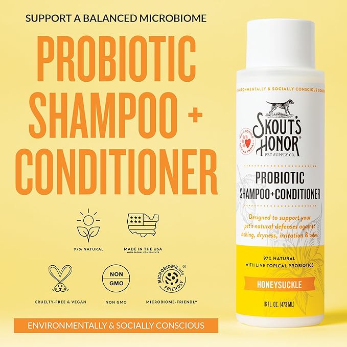 Skout's Honor Probiotic Dog Shampoo & Conditioner with Avocado Oil & Omega-3s, 97% Natural, Paraben & Sulfate-Free, Cruelty-Free, 16oz, Honeysuckle 2-Pack