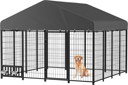 Heavy Duty Outdoor Dog Kennel for Yard, 8x8 Medium Steel Chain Link Fence with Roof, Dog Run Enclosure with Feeding Bowl & Self-Locking Latch