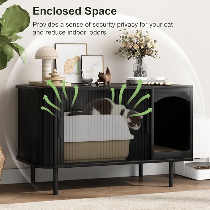 Cat Litter Box Enclosure Furniture, Fluted Hidden Litter Box Furniture with Scratching Pad, Large Wood Cat House Indoor Modern Cabinet Side End Table for Living Room, Entryway, Black