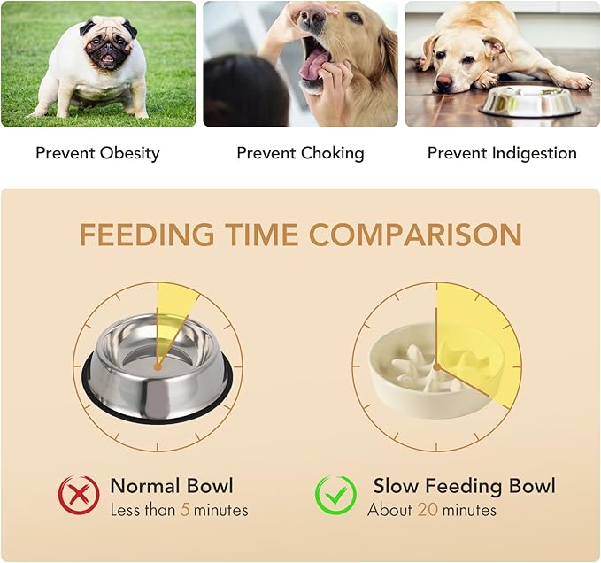 Ceramic 1.2 Cup Raised Slow Feeder Dog Bowl Set, Elevated 6.1inch Bowl and 7.3inch Slow Pet Food Dish with Wooden Stand for Small and Medium Dog (2 x Beige+ Stand)