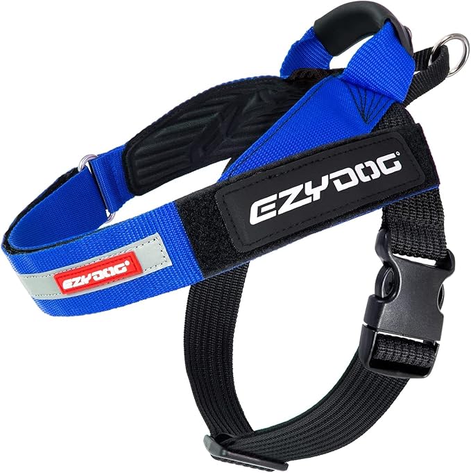 EzyDog Express Dog Harness - Adjustable Dog Harness for Large, Medium, and Small Dogs with Padded Ergonomic Anti-Chafing Design, Grip Handle, & Easy Side Buckle (L, Blue)