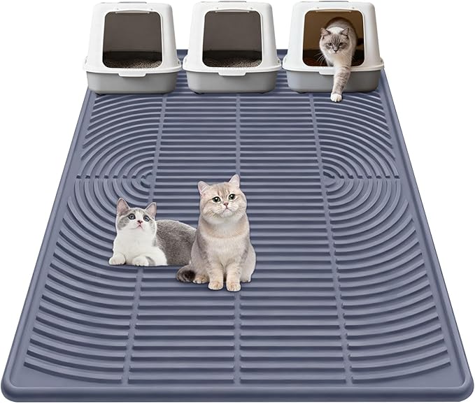 Cat Litter Mat Extra Large 47"x35" Silicone Waterproof Litter Trapping Mat for Litter Box, Non-Slip Urine-Proof Kitty Litter Box Mat with Deep Grooves, Easy Clean Scatter Control Pet Mat (Gray)
