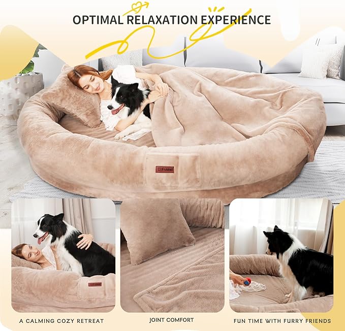 Human Dog Bed for Adults, 71"x51"x12" Washable Orthopedic Size, Faux Fur Removable, Cozy Large Present with Blanket and Pillow, Khaki