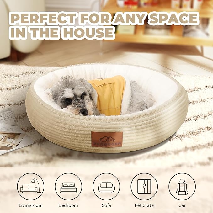 Cat Bed, 23In Dog Beds for Small Dogs, Calming Cat & Dog Beds for Indoor Pets, Pet Beds Comfortable Donut Round Ultra Soft (Camel, 23" L x 23" W x 6.5" Th)