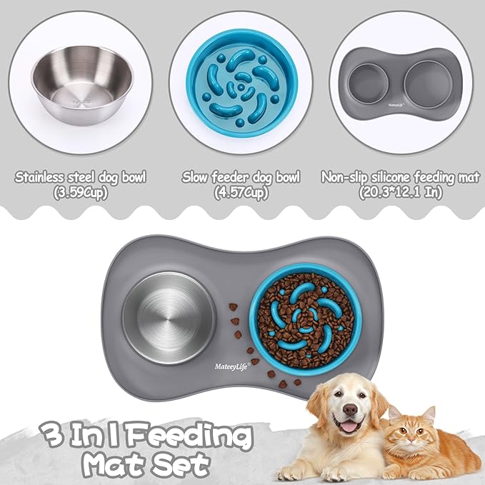 MateeyLife Dog Food Bowl Set 3 in 1, Basic Dog Bowls & Water Stainless Steel Bowl with Non-Spill Silicone Mat, Slow Feeder Bowls for Small, Medium, Large Breeds, Cat Feeding Dish to Anti-Choking