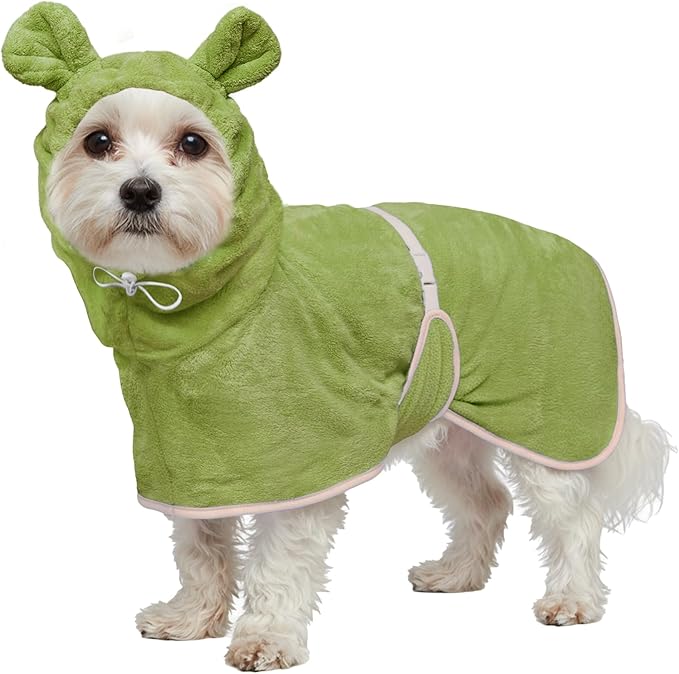 Dog Bathrobe Super Absorbent Towel Robe - Microfiber Bath Towels Fast Drying Coat for Dogs, Cute Dogs Clothes Adjustable Collar & Belly Strap Warm Keeping Hooded Dog Towel (Olive Green, Small)