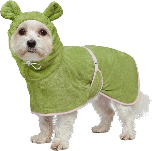 Dog Bathrobe Super Absorbent Towel Robe - Microfiber Bath Towels Fast Drying Coat for Dogs, Cute Dogs Clothes Adjustable Collar & Belly Strap Warm Keeping Hooded Dog Towel (Olive Green, Large)