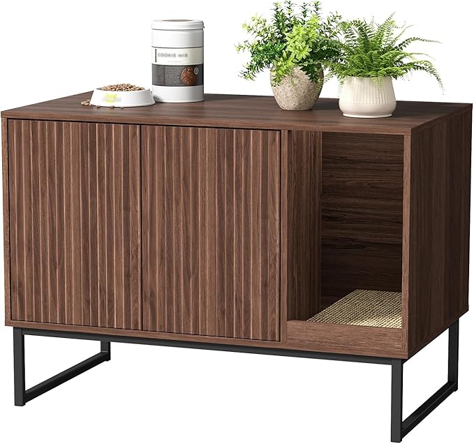 Cat Litter Box Enclosure, Fluted Hidden Litter Box Furniture with Scratch Pad and Metal Legs, Modern Enclosed Cat Cabinet, 31.5 x 17.7 x 21.7 Inches Indoor Pet House for Living Room, Washroom, Walnut