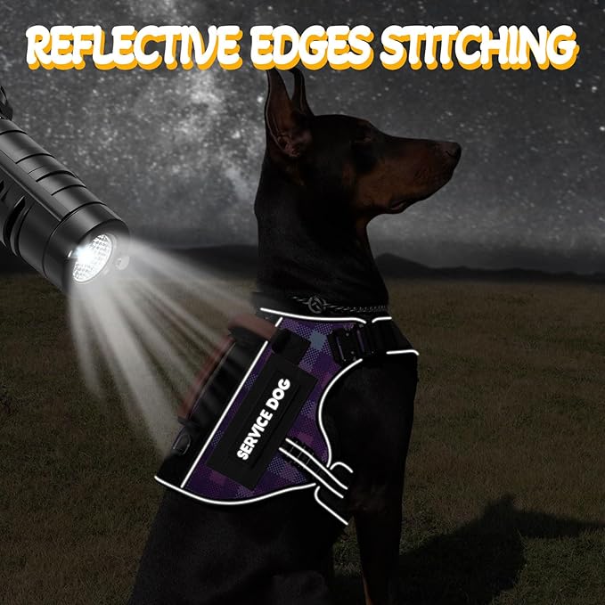 Tactical Dog Harness - HEYCAHVA Service Dog Vest Full Metal Buckles for Medium Large Dog Reflective No Pull Harnesses Vest with Leather Handle, Hook & Loop for Training (Purple, XL)