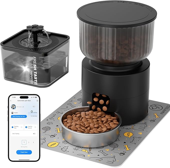 PAPIFEED Automatic Cat Feeder and Water Fountain, 3L/12 Cups 2.4G WiFi Pet Feeder with Stainless Steel Bowl, Smart APP Control for Remote Feeding, 1-12 Meals Per Day, Detachable for Easy Clean (Black)